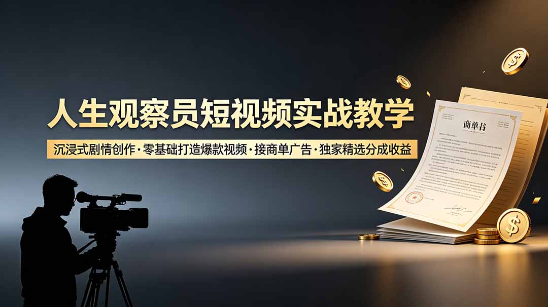 人生观察员短视频实战教学，沉浸式剧情创作，零基础打造爆款视频，接商单广告，独家精选分成收益-朽念云创