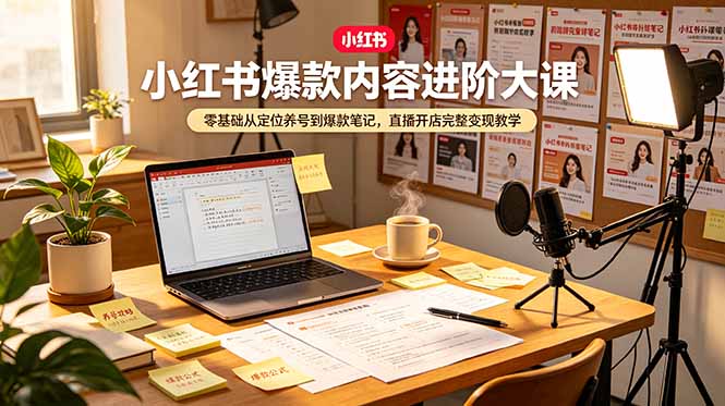 小红书爆款内容进阶大课，零基础从定位养号到爆款笔记，直播开店完整变现教学-朽念云创