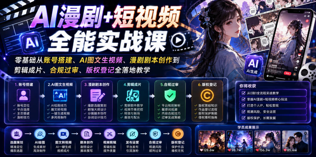 AI漫剧+短视频全能实战课｜零基础从账号搭建、AI图文生视频、漫剧剧本创作到剪辑成片、合规过审、版权登记全落地教学-朽念云创