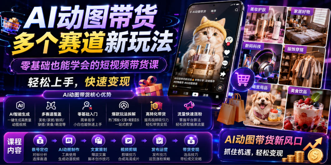AI动图带货多个赛道新玩法，零基础也能学会的短视频带货课，轻松上手，快速变现-朽念云创
