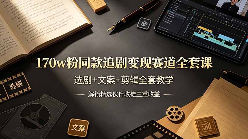 170w粉博主同款追剧变现赛道全套课，选剧+文案+剪辑全套教学，解锁精选伙伴收徒三重收益-朽念云创