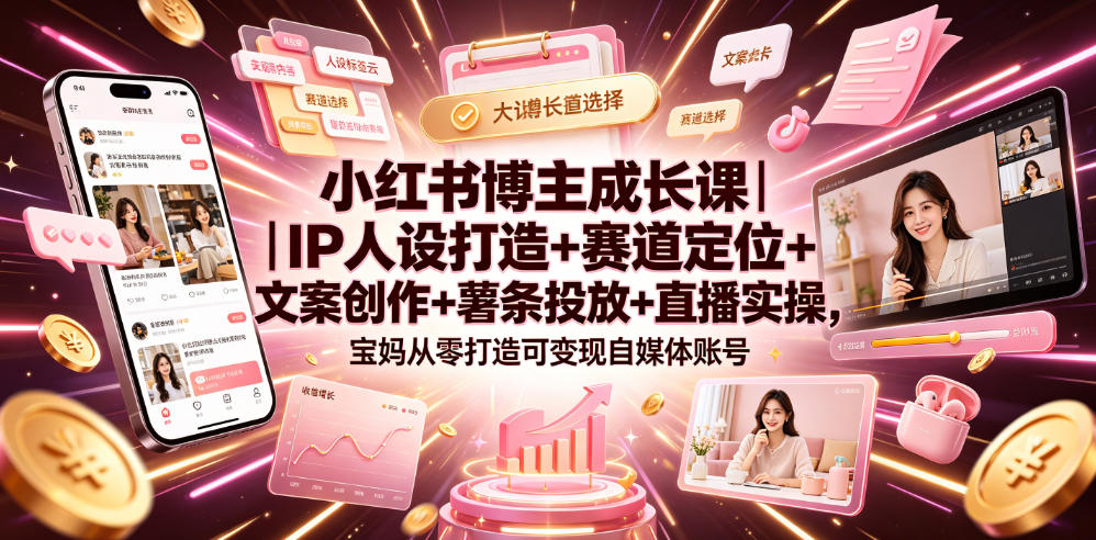 小红书博主成长课｜IP人设打造+赛道定位+文案创作+薯条投放+直播实操，宝妈从零打造可变现自媒体账号-朽念云创
