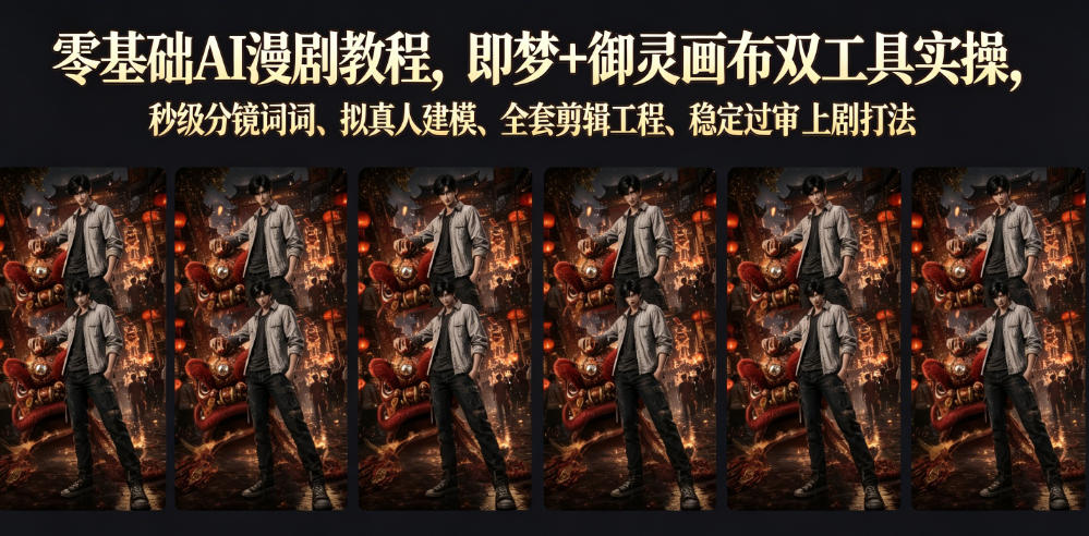 零基础AI漫剧教程，即梦+御灵画布双工具实操，秒级分镜提示词、拟真人建模、全套剪辑工程、稳定过审上剧打法-朽念云创