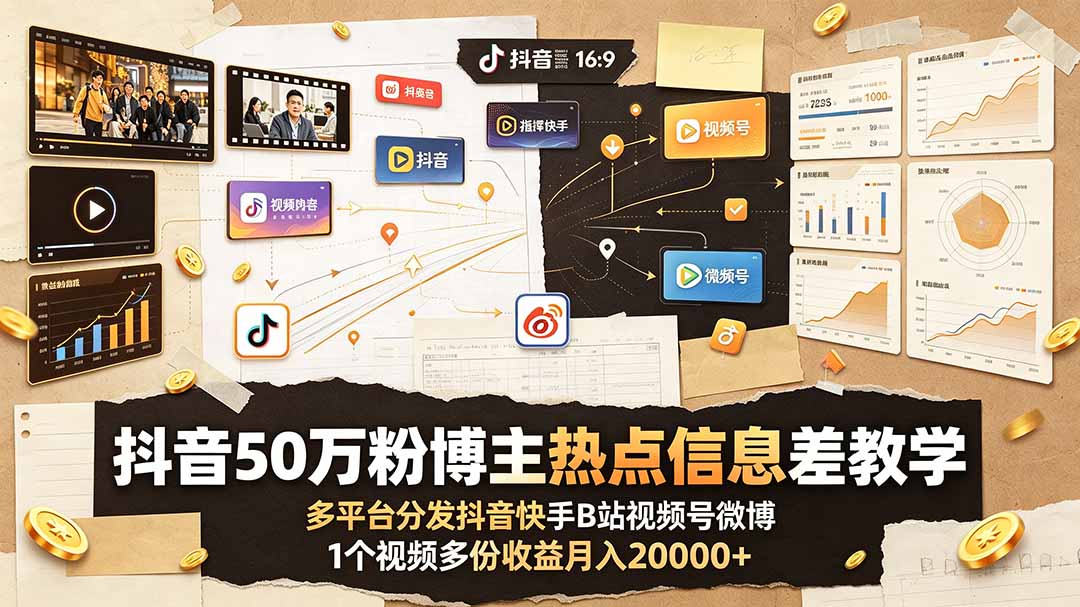 抖音50万粉博主热点信息差教学：多平台分发抖音快手B站视频号微博，1个视频多份收益月入20000+-朽念云创