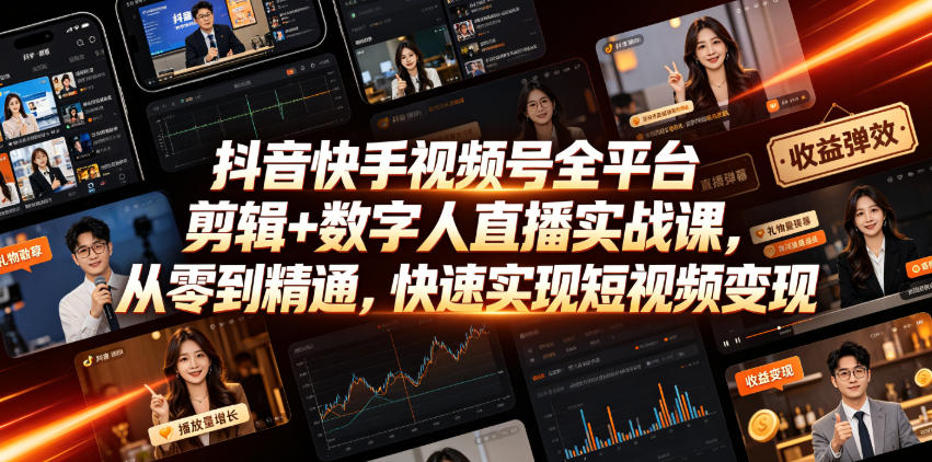 抖音快手视频号全平台剪辑+数字人直播实战课，从零到精通，快速实现短视频变现(更新2026年6月)​-朽念云创