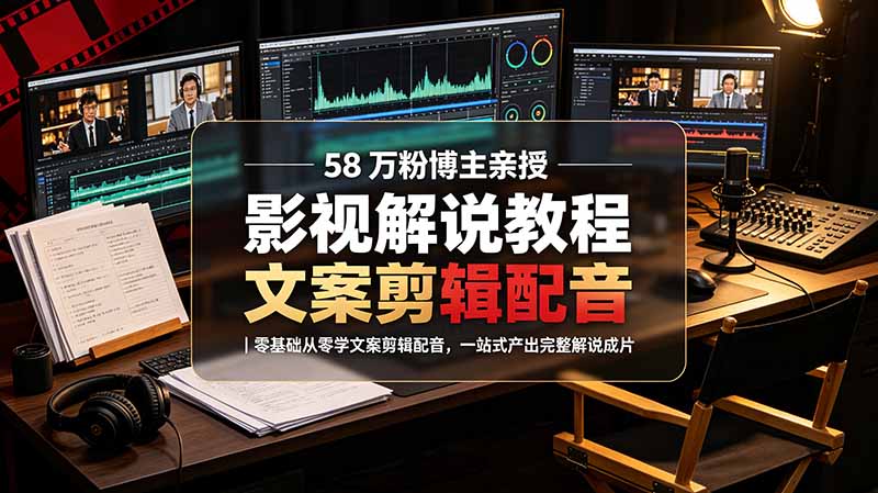 58 万粉博主荧幕春秋亲授影视解说教程｜零基础从零学文案剪辑配音，一站式产出完整解说成片-朽念云创