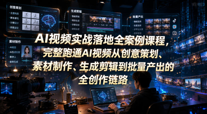 AI视频实战落地全案例课程，完整跑通AI视频从创意策划、素材制作、生成剪辑到批量产出的全创作链路-朽念云创
