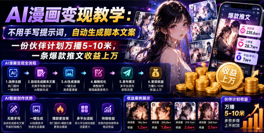 AI漫画变现教学：不用手写提示词，自动生成脚本文案，一份伙伴计划万播5-10米，一条爆款推文收益上W-朽念云创