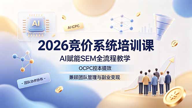 2026竞价系统培训课，AI赋能SEM全流程教学，OCPC控本提效，兼顾团队管理与副业变现-朽念云创