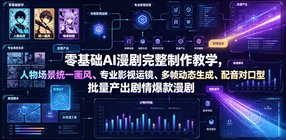 零基础AI漫剧完整制作教学，人物场景统一画风、专业影视运镜、多帧动态生成、配音对口型，批量产出剧情爆款漫剧-朽念云创
