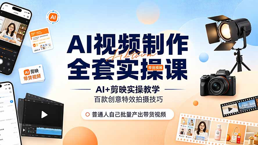 AI视频制作全套实操课，多款AI工具搭配剪映教学，百种特效运镜拍摄实操，抖音账号带货运营全覆盖-朽念云创