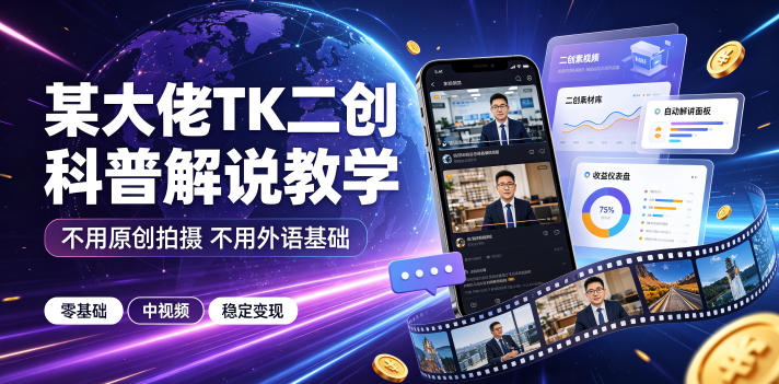 某大佬TK二创科普解说教学,不用原创拍摄不用外语基础,零基础做TikTok中视频稳定变现-朽念云创
