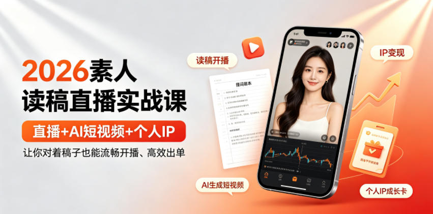 2026素人读稿直播实战课|直播+AI短视频+个人IP,让你对着稿子也能流畅开播、高效出单-朽念云创