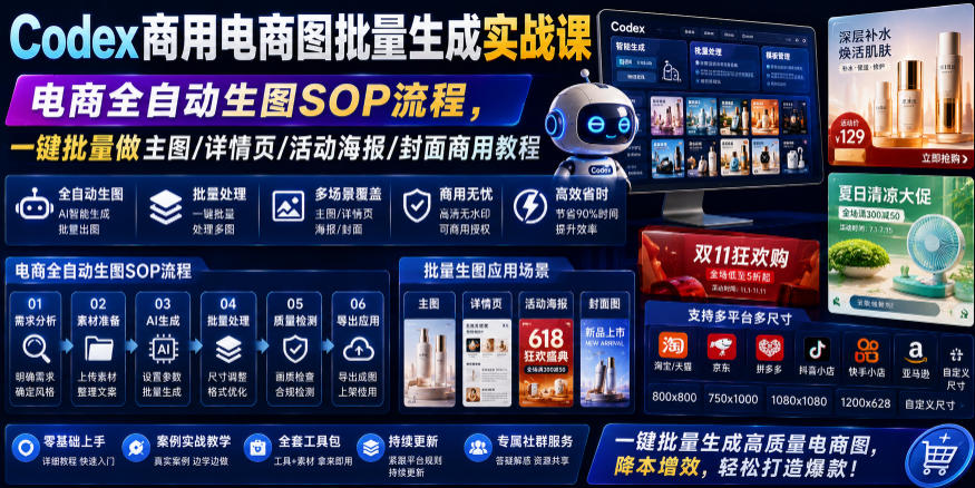 Codex商用电商图批量生成实战课|电商全自动生图SOP流程,一键批量做主图/详情页/活动海报/封面商用教程-朽念云创