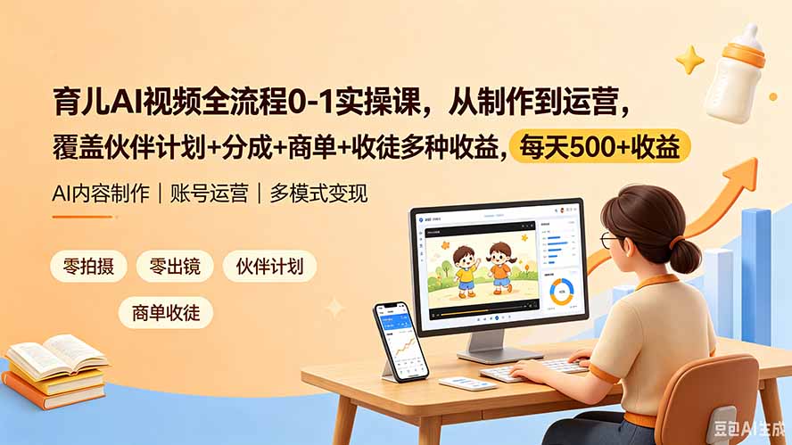 育儿AI视频全流程0-1实操课,从制作到运营,覆盖伙伴计划+分成+商单+收徒多种收益,每天500+收益-朽念云创