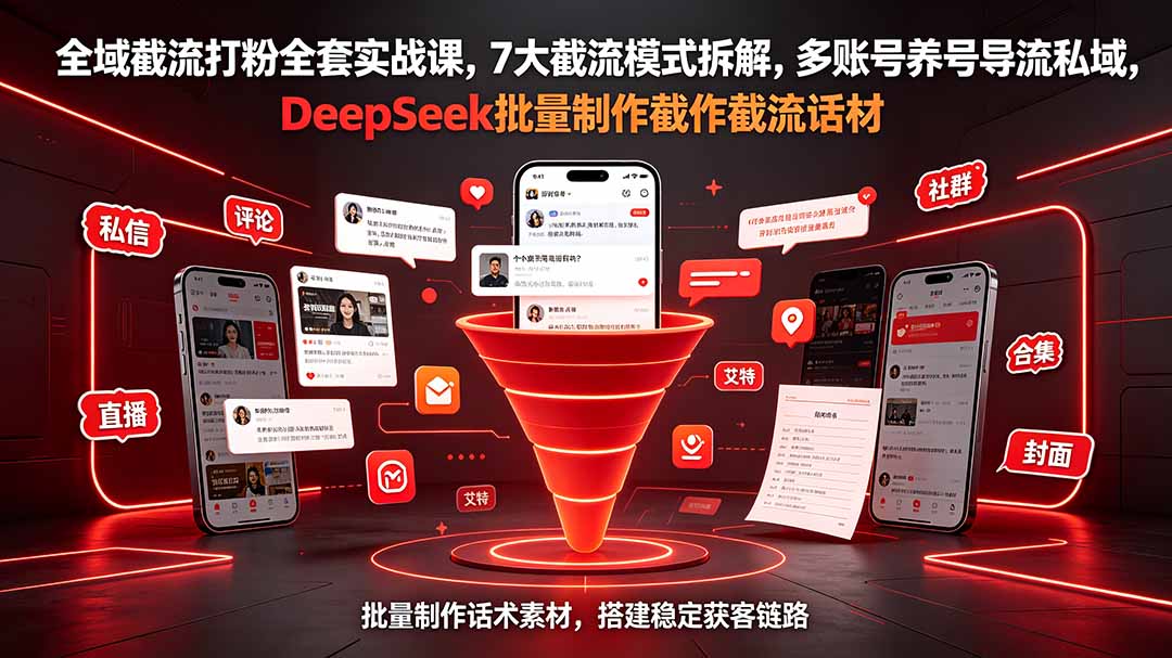 全域截流打粉全套实战课,7大截流模式拆解,多账号养号导流私域,DeepSeek批量制作截流话术素材-朽念云创