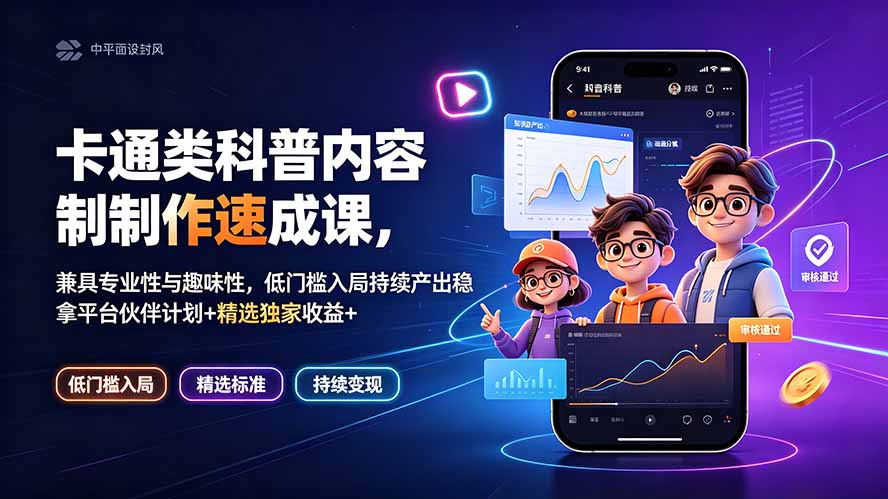 卡通类科普内容制作速成课，兼具专业性与趣味性，低门槛入局持续产出稳拿平台伙伴计划+精选独家收益-朽念云创