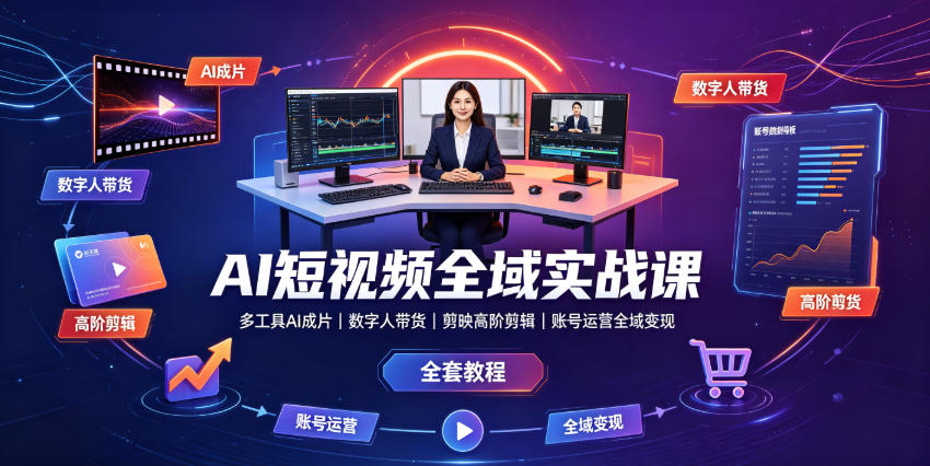 AI短视频全域实战课|多工具AI成片、数字人带货、剪映高阶剪辑、账号运营全域变现全套教程-朽念云创