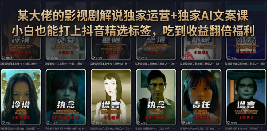 某大佬的影视剧解说独家运营+独家AI文案课，小白0粉丝也能快速打上抖音精选标签、吃到收益翻倍福利-朽念云创