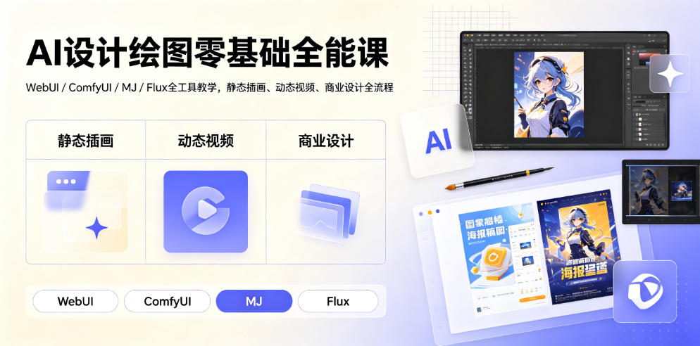AI设计绘图零基础全能课|WebUI/ComfyUI/MJ/Flux全工具教学,静态插画、动态视频、商业设计全流程-朽念云创