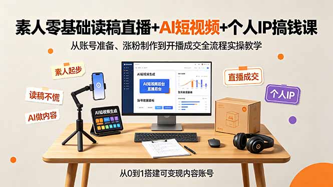 素人零基础读稿直播+AI短视频+个人IP搞钱课，从账号准备、涨粉制作到开播成交全流程实操教学-朽念云创