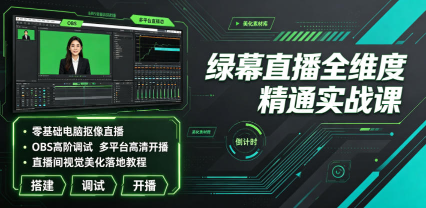 绿幕直播全维度精通实战课｜零基础电脑抠像直播、OBS高阶调试、多平台高清开播、直播间视觉美化落地教程-朽念云创