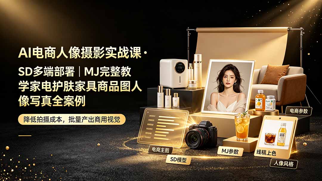 AI电商人像摄影实战课·SD多端部署｜MJ完整教学｜家电护肤家具商品图人像写真全案例-朽念云创