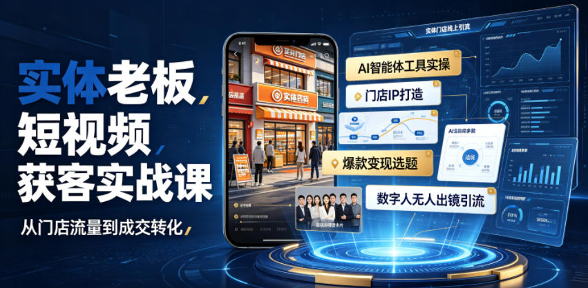 实体老板短视频获客实战课｜AI智能体工具全套实操、门店IP打造、爆款变现选题、数字人无人出镜引流完整教程-朽念云创