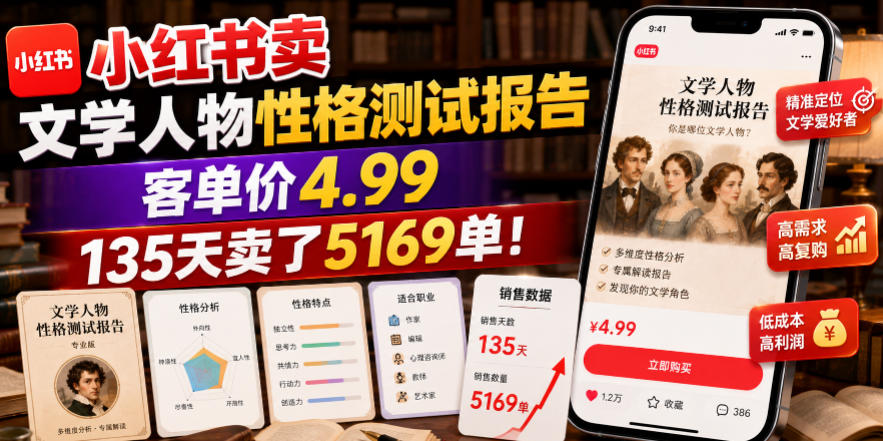 小红书卖文学人物性格测试报告,客单价4.99,135天卖了5169单!-朽念云创