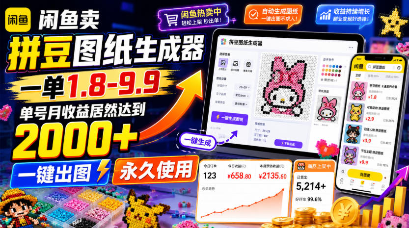 闲鱼卖拼豆图纸生成器，一单1.8-9.9，单号月收益居然达到2000+一键出图永久使用-朽念云创