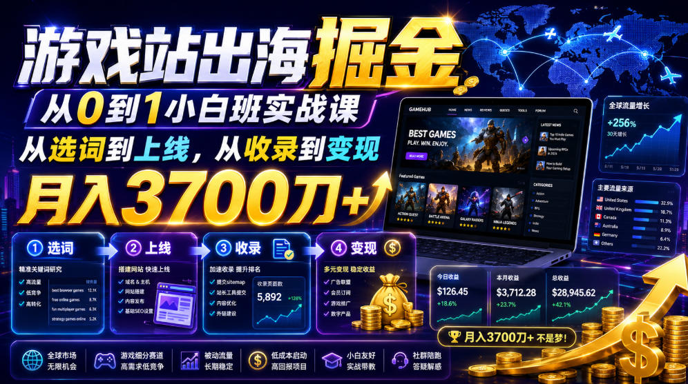 游戏站出海掘金从0到1小白实战课，从选词到上线，从收录到变现，月入3700刀+-朽念云创