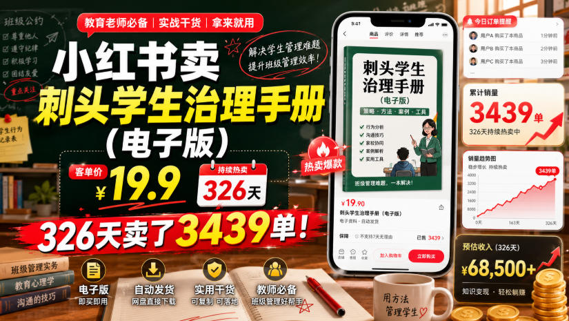 小红书卖刺头学生治理手册(电子版),客单价19.9,326天卖了3439单!-朽念云创