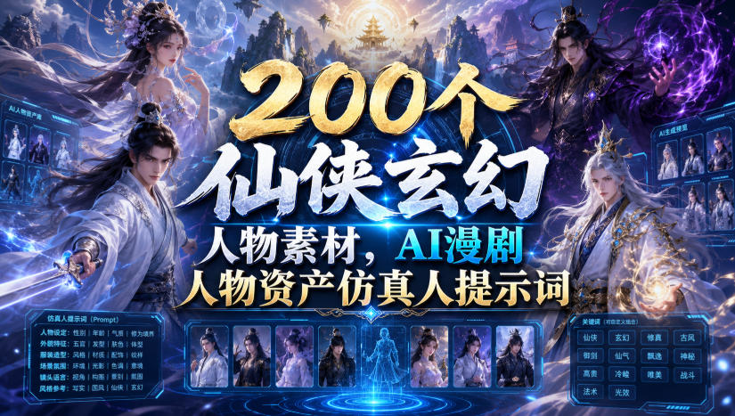 200个仙侠玄幻人物素材，AI漫剧人物资产仿真人提示词-朽念云创