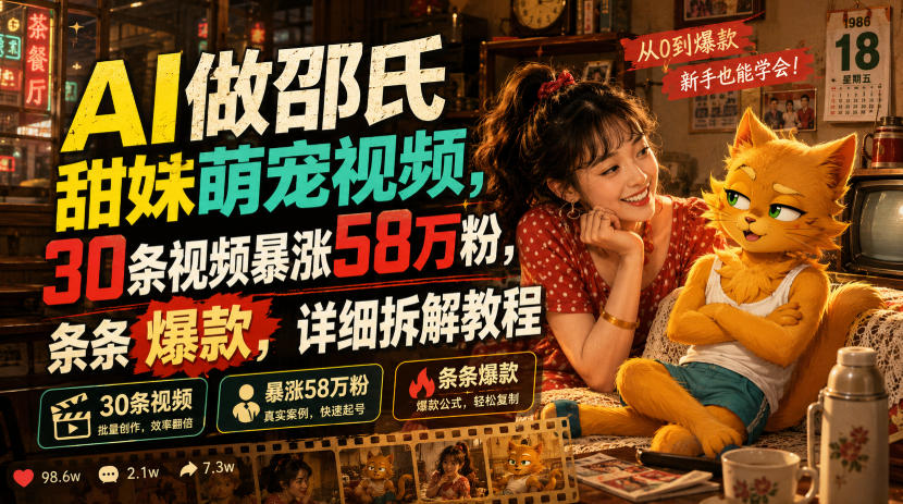 AI做邵氏甜妹萌宠视频,30条视频暴涨58万粉,条条爆款,详细拆解教程-朽念云创