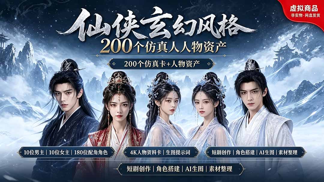 200个仙侠玄幻仿真人素材◆10男主×10女主×180配角,4K资料卡+AI生图提示词,漫剧必备-朽念云创