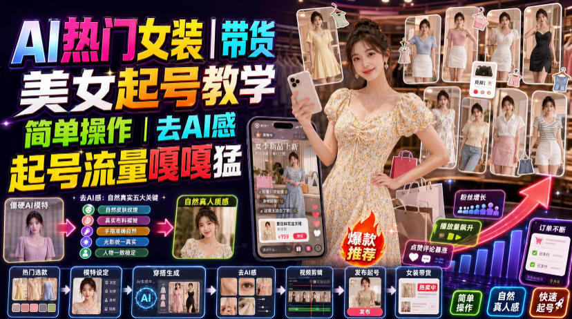 AI热门女装带货丨美女起号教学，简单操作，去AI感，起号流量嘎嘎猛-朽念云创