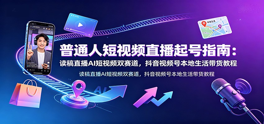 普通人短视频直播起号指南：读稿直播AI短视频双赛道，抖音视频号本地生活带货教程-朽念云创