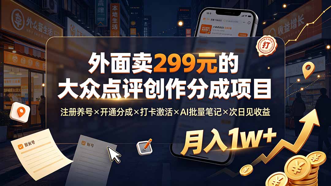 外面卖299元的大众点评创作分成项目：注册养号×开通分成×打卡激活×AI批量笔记×次日见收益，月入1w+-朽念云创