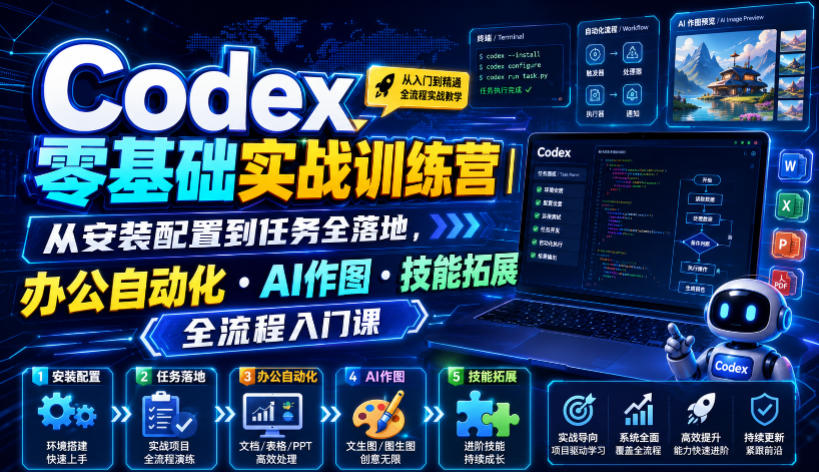 Codex零基础实战训练营｜从安装配置到任务全落地，办公自动化・AI作图・技能拓展全流程入门课-朽念云创