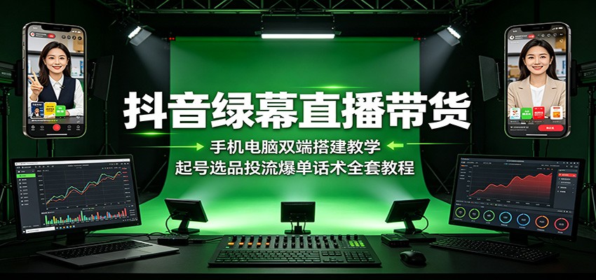 抖音绿幕直播带货：手机电脑双端搭建教学，起号选品投流爆单话术全套教程-朽念云创