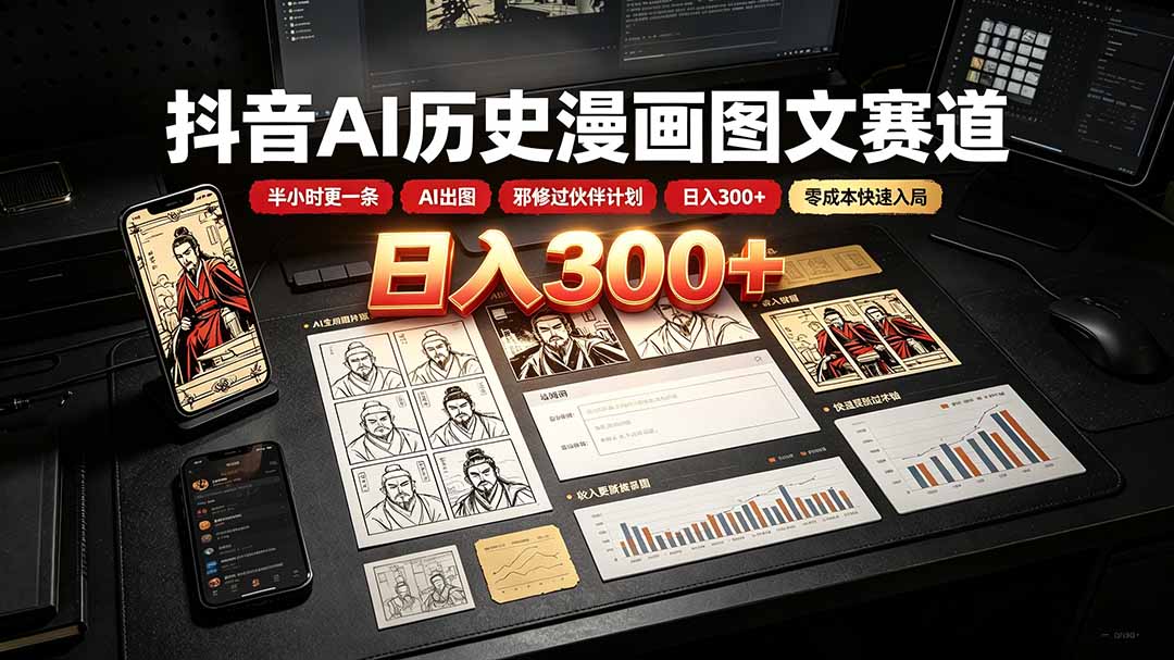 抖音AI历史漫画图文赛道：半小时更一条×AI出图×邪修过伙伴计划×日入300+，零成本快速入局-朽念云创