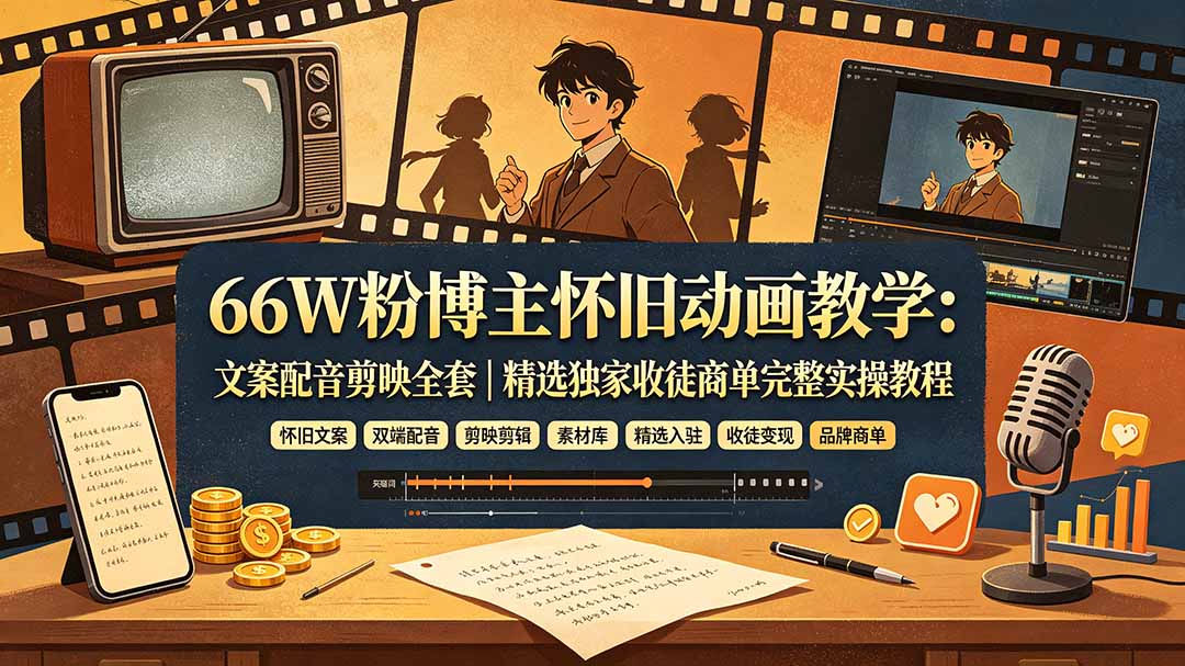 66W粉博主怀旧动画教学：文案配音剪映全套｜精选独家收徒商单完整实操教程-朽念云创