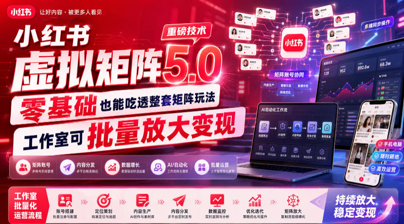 小红书虚拟矩阵5.0重磅技术,零基础也能吃透整套矩阵玩法,工作室可批量放大变现-朽念云创