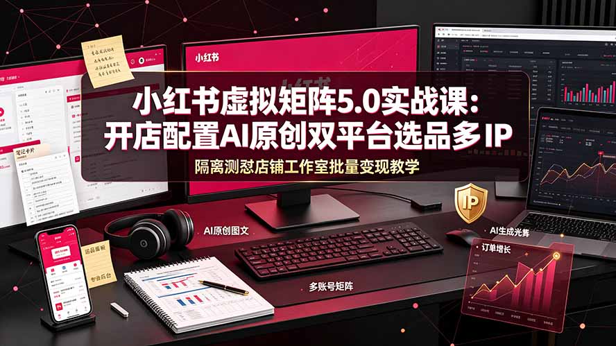 小红书虚拟矩阵5.0实战课：开店配置｜AI原创｜双平台选品｜多IP隔离｜测怼店铺工作室批量变现实操教学-朽念云创