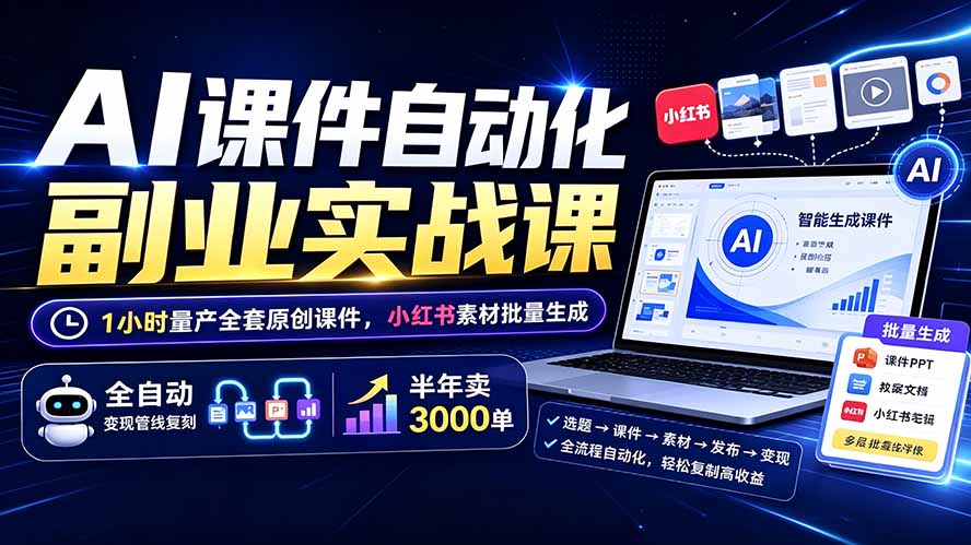 AI课件自动化副业实战课：1小时量产全套原创课件×小红书素材批量生成×全自动变现管线×半年卖3000单-朽念云创