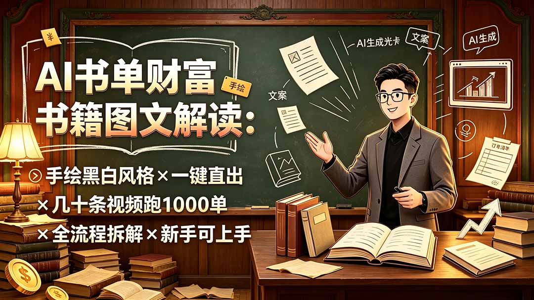 AI书单财富书籍图文解读:手绘黑白风格×一键直出×几十条视频跑1000单×全流程拆解×新手可上手-朽念云创