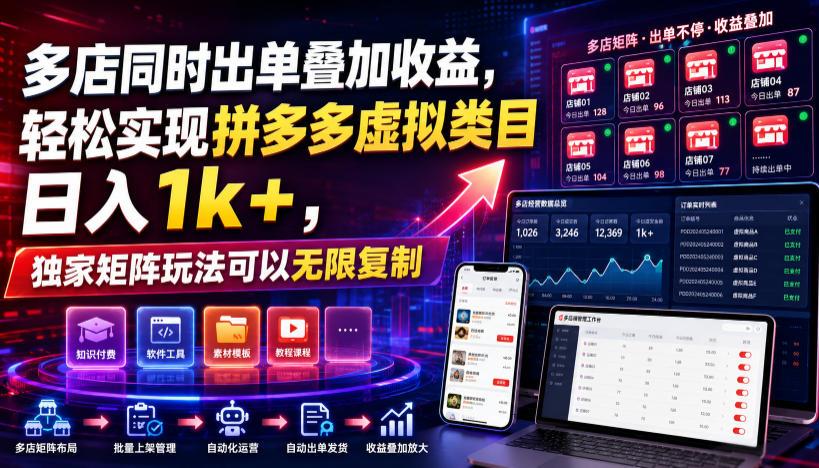 多店同时出单叠加收益，轻松实现拼多多虚拟类目日入1k+，独家矩阵玩法可以无限复制【揭秘】-朽念云创