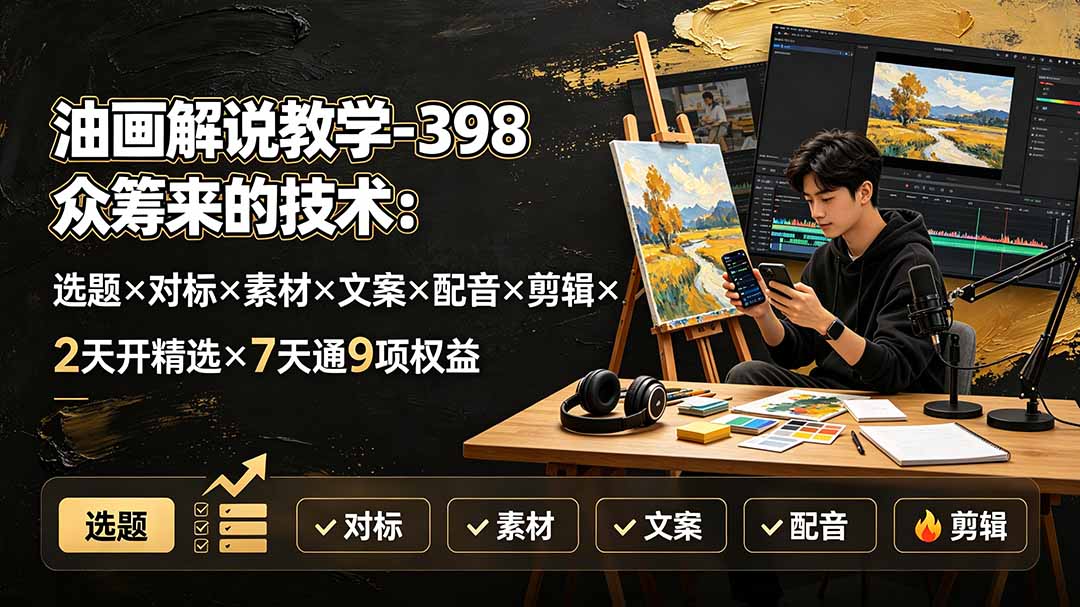 油画解说教学-398众筹来的技术:选题×对标×素材×文案×配音×剪辑×2天开精选×7天通9项权益-朽念云创
