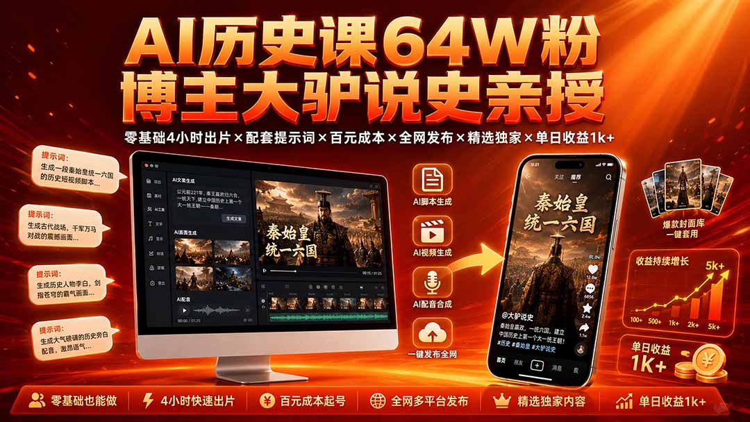 AI历史课64W粉博主大驴说史亲授：零基础4小时出片×配套提示词×百元成本×全网发布×精选独家×单日收益1k+-朽念云创