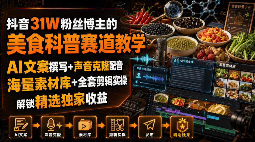 抖音31W粉丝博主的美食科普赛道教学，AI文案撰写+声音克隆配音+剪辑实操，解锁精选独家收益-朽念云创